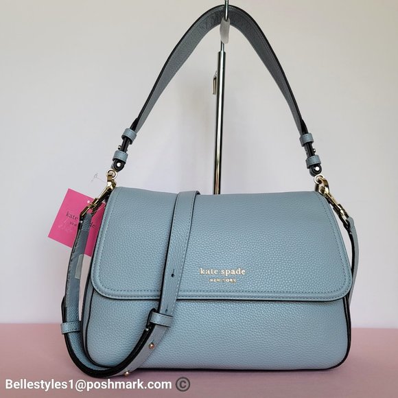 KATE SPADE Hudson Medium Pebbled Leather Flap Convertible Shoulder Bag- Ocean B